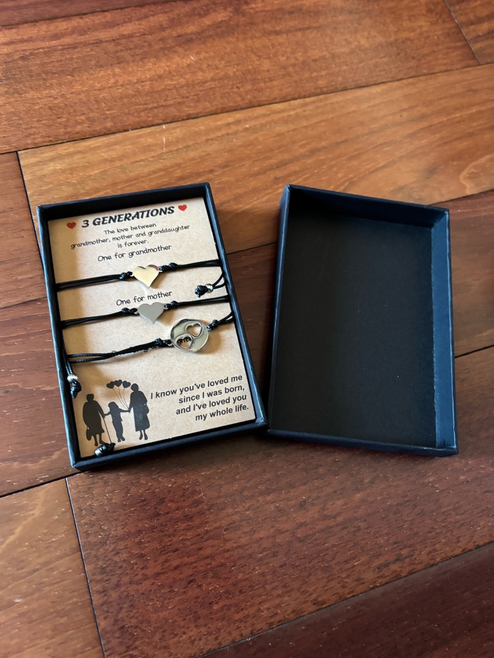 3 Generations Silver Heart Family Bracelet Set - Black Cord